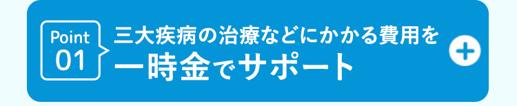 Point 三大疾病の治療などにかかる費用を
01 一時金でサポート
