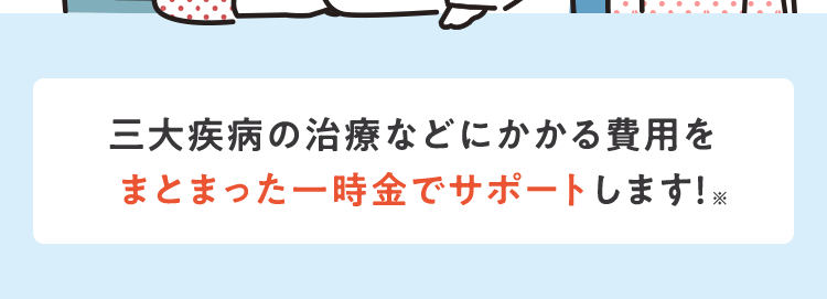 •
•
特約で三大疾病による
リハビリ治療のための通院を保障
社会復帰をサポート
ネオde3疾病サポート
<無解約返戻金型三大疾病一時給付保険>
B
三大疾病の治療などにかかる費用を
まとまった一時金でサポートします! ※