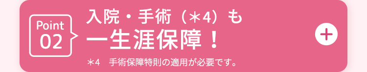 Point02入院・手術 (*4) も一生涯保障!
*4 手術保障特則の適用が必要です。