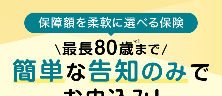 保障額を柔軟に選べる保険
最長80歳まで/
簡単な告知のみで
お申込み!
ネオファースト生命の保険商品について
アンケートで96%が
保障内容に満足と回答
安心の
第一生命
グループ
ネオde 定期
<無解約返戻金型定期保険>