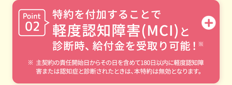 +
Point 特約を付加することで
02 軽度認知障害(MCI)と
診断時、 給付金を受取り可能!※
主契約の責任開始日からその日を含めて180日以内に軽度認知障
害または認知症と診断されたときは、本特約は無効となります。