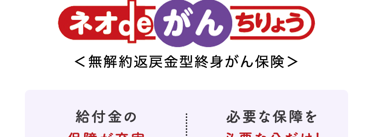 がん治療の選択肢が広がった今こそ
自分に合った保障を
選べるがん保険
ネオde がんちりょう
<無解約返戻金型終身がん保険>
給付金の
必要な保障を
保障が充実
必要な分だけ!
第一ネオ生命は
安心のDaiichi Life グループです
(登) B26N2015