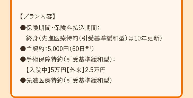 【プラン内容】
●保険期間 ・ 保険料払込期間:
終身 (先進医療特約(引受基準緩和型) は10年更新)
●主契約 : 5,000円 ( 60日型)
●手術保障特約(引受基準緩和型):
【入院中】5万円 【外来】2.5万円
●先進医療特約(引受基準緩和型)