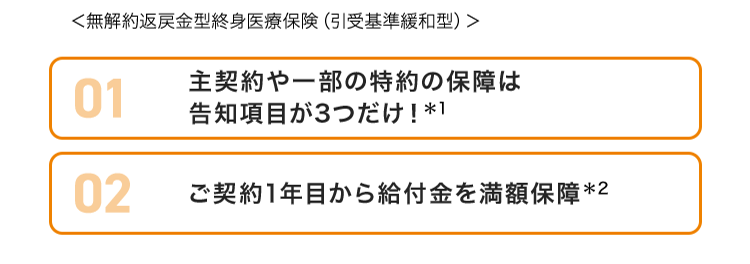 健康に不安がある方へ
持病や既往歴がある方も
はいりやすい医療保険
ネオde いりょう
健康プロモート
<無解約返戻金型終身医療保険 (引受基準緩和型) >
おかげさまで
保有契約件数
180.
突破!
※第一ネオ生命全商品の累計
主契約や一部の特約の保障は
01
告知項目が3つだけ! *1
02
ご契約1年目から給付金を満額保障*2