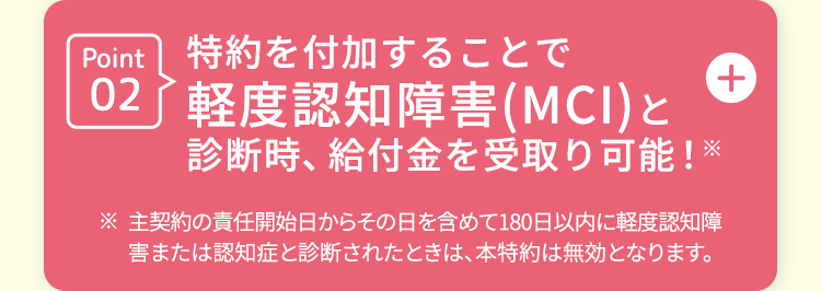 Point 特約を付加することで
02
軽度認知障害(MCI)と
診断時、 給付金を受取り可能!※
※ 主契約の責任開始日からその日を含めて180日以内に軽度認知障
害または認知症と診断されたときは、本特約は無効となります。
+