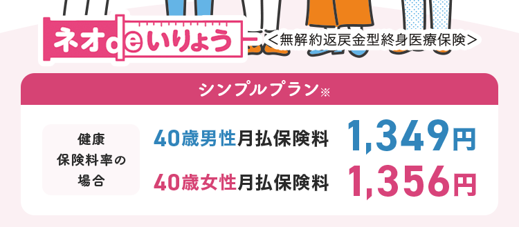 安心のDaiichi Lifeグループ
「病気やケガによる入院」に
備えて安心!
ネオde いりょう
<無解約返戻金型終身医療保険>
健康
保険料率の
場合
シンプルプラン※
40歳男性月払保険料 1,349 円
40歳女性月払保険料 1,356円