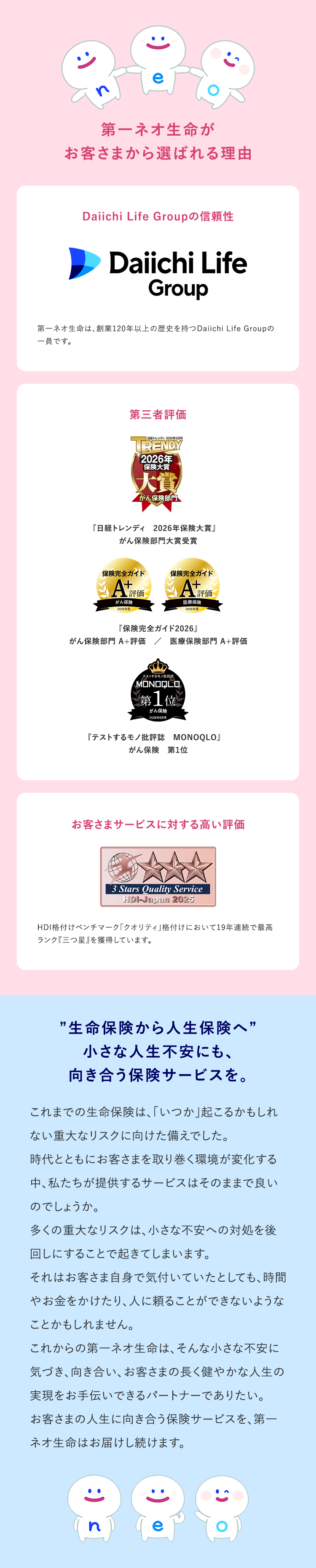 第一ネオ生命が
お客さまから選ばれる理由
Daiichi Life Groupの信頼性
Daiichi Life
Group
第一ネオ生命は、 創業120年以上の歴史を持つ Daiichi Life Groupの
一員です。
第三者評価
日経トレンディ 2026年5月号
TRENDY
2026年
保険大赏
大賞
がん保険部門
『日経トレンディ 2026年保険大賞』
がん保険部門大賞受賞
保険完全ガイド
保険完全ガイド
AX
がん保険
2026年版
評価
医療保険
2026年版
『保険完全ガイド2026』
がん保険部門 A+ 評価 / 医療保険部門 A+評価
テストするモノ
MONOQLO
第 1 位
がん保険
2026年6月号
『テストするモノ批評誌
MONOQLO』
がん保険 第1位
お客さまサービスに対する高い評価
´3 Stars Quality Service
HDI-Japan 2025
HDI格付けベンチマーク「クオリティ」 格付けにおいて19年連続で最高
ランク『三つ星』 を獲得しています。
"生命保険から人生保険へ”
小さな人生不安にも、
向き合う保険サービスを。
これまでの生命保険は、「いつか」 起こるかもしれ
ない重大なリスクに向けた備えでした。
時代とともにお客さまを取り巻く環境が変化する
中、私たちが提供するサービスはそのままで良い
のでしょうか。
多くの重大なリスクは、小さな不安への対処を後
回しにすることで起きてしまいます。
それはお客さま自身で気付いていたとしても、時間
やお金をかけたり、人に頼ることができないような
ことかもしれません。
これからの第一ネオ生命は、 そんな小さな不安に
気づき、向き合い、 お客さまの長く健やかな人生の
実現をお手伝いできるパートナーでありたい。
お客さまの人生に向き合う保険サービスを、 第一
ネオ生命はお届けし続けます。
n
