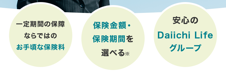 加入時のライフステージに合わせて準備できる
死亡保険
ネオde定期
<無解約返戻金型定期保険>
おかげさまで
保有契約件数
180
突破!
件
※第一ネオ生命全商品の累計
一定期間の保障
安心の
保険金額・
ならではの
Daiichi Life
保険期間を
お手頃な保険料
グループ
選べる※