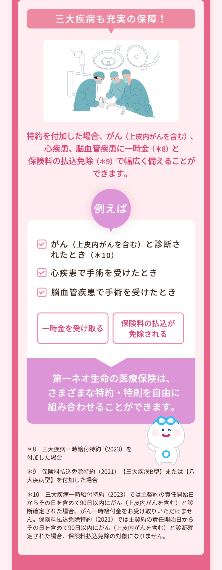 三大疾病も充実の保障!
特約を付加した場合、 がん (上皮内がんを含む)、
心疾患、脳血管疾患に一時金 (*8) と
保険料の払込免除 (9) で幅広く備えることが
できます。
例えば
がん (上皮内がんを含む)と診断さ
れたとき (*10)
心疾患で手術を受けたとき
脳血管疾患で手術を受けたとき
保険料の払込が
一時金を受け取る
免除される
第一ネオ生命の医療保険は、
さまざまな特約・特則を自由に
組み合わせることができます。
*8 三大疾病一時給付特約 (2023)を
付加した場合
*9 保険料払込免除特約 (2021) 【三大疾病B型】または【八
大疾病型】を付加した場合
*10 三大疾病一時給付特約 (2023) では主契約の責任開始日
からその日を含めて90日以内にがん (上皮内がんを含む)と診
断確定された場合、 がん一時給付金をお受け取りいただけませ
ん。 保険料払込免除特約 (2021) では主契約の責任開始日から
その日を含めて90日以内にがん (上皮内がんを含む)と診断確
定された場合、 保険料払込免除の対象になりません。