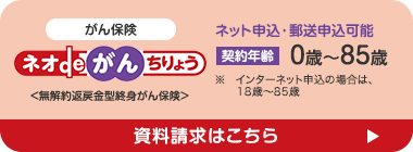 がん保険
ネオde がん ちりょう
<無解約返戻金型終身がん保険>
ネット申込･郵送申込可能
契約年齢 0歳~85歳
※ インターネット申込の場合は、
18歳~85歳
資料請求はこちら