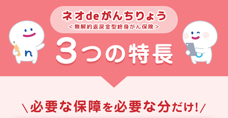 :) s
ネオde がんちりょう
<無解約返戻金型終身がん保険>
3つの特長
必要な保障を必要な分だけ!/
