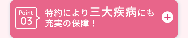 Point
特約により三大疾病にも
03 充実の保障!
+