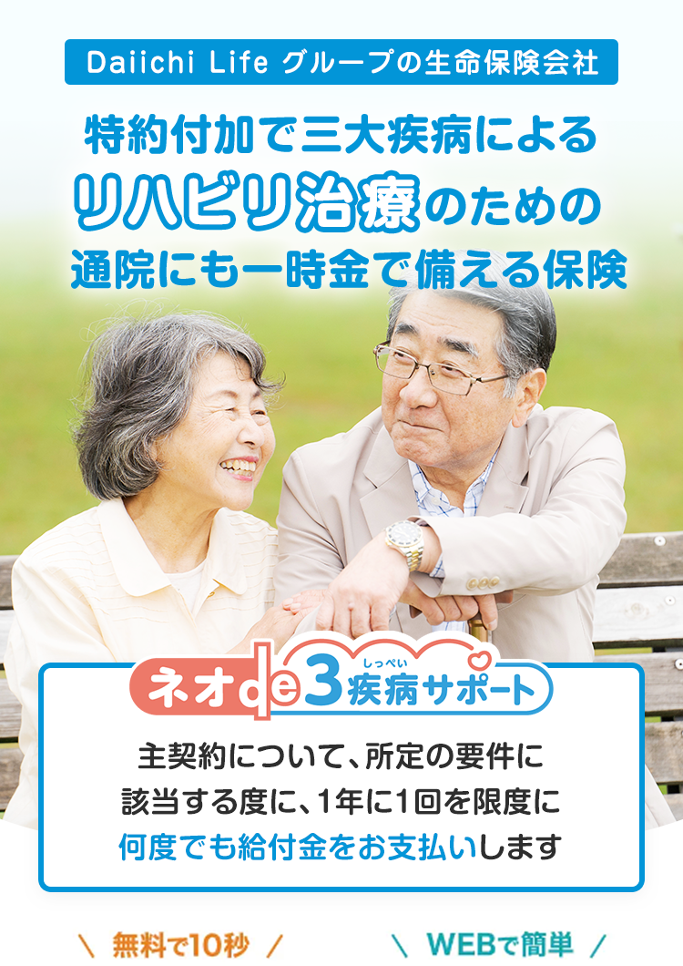 Daiichi Life グループの生命保険会社
特約付加で三大疾病による
リハビリ治療のための
通院にも一時金で備える保険
ネオde3疾病サポート
主契約について、所定の要件に
該当する度に、1年に1回を限度に
何度でも給付金をお支払いします
無料で10秒 /
\ WEBで簡単 /