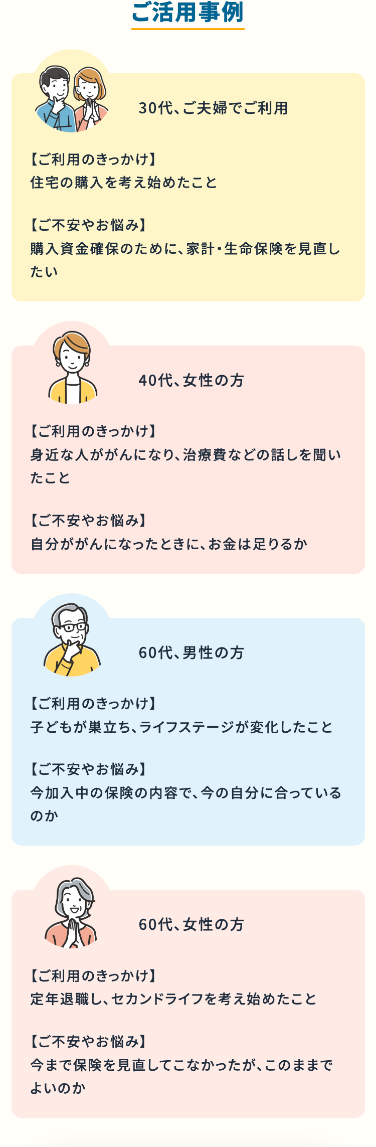 ご活用事例
30代、 ご夫婦でご利用
【ご利用のきっかけ】
住宅の購入を考え始めたこと
【ご不安やお悩み】
購入資金確保のために、 家計・生命保険を見直し
たい
40代、女性の方
【ご利用のきっかけ】
身近な人ががんになり、 治療費などの話しを聞い
たこと
【ご不安やお悩み】
自分ががんになったときに、お金は足りるか
60代、男性の方
【ご利用のきっかけ】
子どもが巣立ち、ライフステージが変化したこと
【ご不安やお悩み】
今加入中の保険の内容で、 今の自分に合っている
のか
60代、女性の方
【ご利用のきっかけ】
定年退職し、 セカンドライフを考え始めたこと
【ご不安やお悩み】
今まで保険を見直してこなかったが、このままで
よいのか