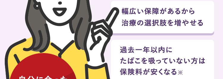 安心のDaiichi Lifeグループ
もしものときのために、
今できることを
ネオde がん ちりょう
<無解約返戻金型終身がん保険>
幅広い保障があるから
治療の選択肢を増やせる
過去一年以内に
たばこを吸っていない方は
保険料が安くなる ※
自分に合った
がん保険選び
治療の選択肢を増やせるがん保険 /