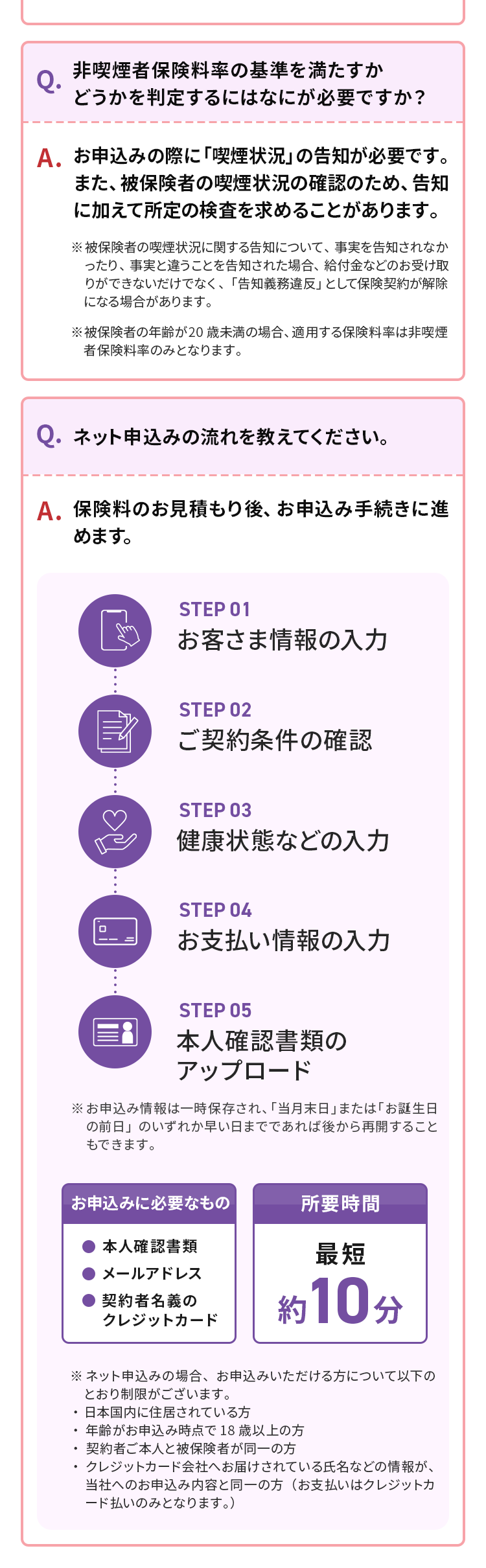 Q.
非喫煙者保険料率の基準を満たすか
どうかを判定するにはなにが必要ですか?
A. お申込みの際に 「喫煙状況」の告知が必要です。
また、被保険者の喫煙状況の確認のため、告知
に加えて所定の検査を求めることがあります。
※被保険者の喫煙状況に関する告知について、事実を告知されなか
ったり、事実と違うことを告知された場合、 給付金などのお受け取
りができないだけでなく、 「告知義務違反」 として保険契約が解除
になる場合があります。
※被保険者の年齢が20歳未満の場合、 適用する保険料率は非喫煙
者保険料率のみとなります。
Q. ネット申込みの流れを教えてください。
A. 保険料のお見積もり後、お申込み手続きに進
めます。
STEP 01
お客さま情報の入力
♡
STEP 02
ご契約条件の確認
STEP 03
健康状態などの入力
STEP 04
お支払い情報の入力
STEP 05
本人確認書類の
アップロード
※お申込み情報は一時保存され、 「当月末日」 または 「お誕生日
の前日」のいずれか早い日までであれば後から再開すること
もできます。
お申込みに必要なもの
所要時間
本人確認書類
メールアドレス
最短
契約者名義の
クレジットカード
約 10 分
※ネット申込みの場合、 お申込みいただける方について以下の
.
とおり制限がございます。
・日本国内に住居されている方
・年齢がお申込み時点で18歳以上の方
•
契約者ご本人と被保険者が同一の方
クレジットカード会社へお届けされている氏名などの情報が、
当社へのお申込み内容と同一の方(お支払いはクレジットカ
ード払いのみとなります。)