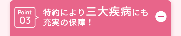 Point
特約により三大疾病にも
03 充実の保障!