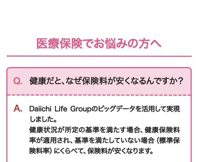 医療保険でお悩みの方へ
Q. 健康だと、なぜ保険料が安くなるんですか?
A. Daiichi Life Groupのビッグデータを活用して実現
しました。
健康状況が所定の基準を満たす場合、 健康保険料
率が適用され、基準を満たしていない場合 (標準保
険料率) にくらべて、 保険料が安くなります。