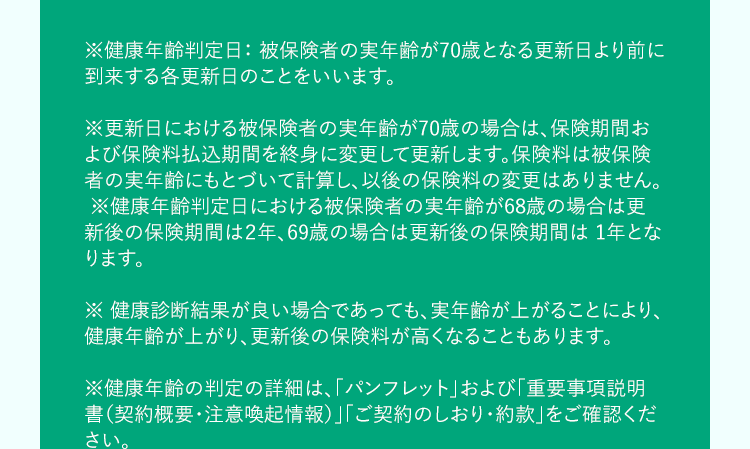 ※健康年齢判定日: 被保険者の実年齢が70歳となる更新日より前に
到来する各更新日のことをいいます。
※更新日における被保険者の実年齢が70歳の場合は、保険期間お
よび保険料払込期間を終身に変更して更新します。 保険料は被保険
者の実年齢にもとづいて計算し、以後の保険料の変更はありません。
※健康年齢判定日における被保険者の実年齢が68歳の場合は更
新後の保険期間は2年、69歳の場合は更新後の保険期間は1年とな
ります。
※健康診断結果が良い場合であっても、 実年齢が上がることにより、
健康年齢が上がり、更新後の保険料が高くなることもあります。
※健康年齢の判定の詳細は、 「パンフレット」および「重要事項説明
書(契約概要・注意喚起情報)」 「ご契約のしおり・約款」 をご確認くだ
さい。
