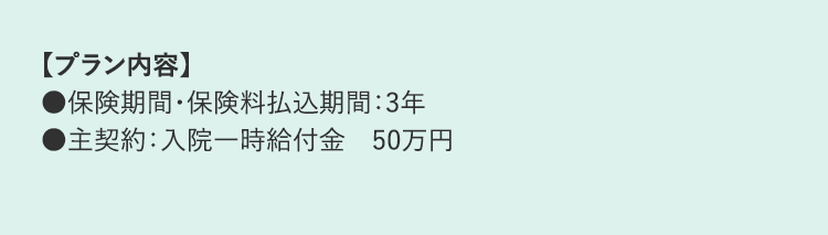 【プラン内容】
●保険期間 ・ 保険料払込期間:3年
●主契約: 入院一時給付金 50万円