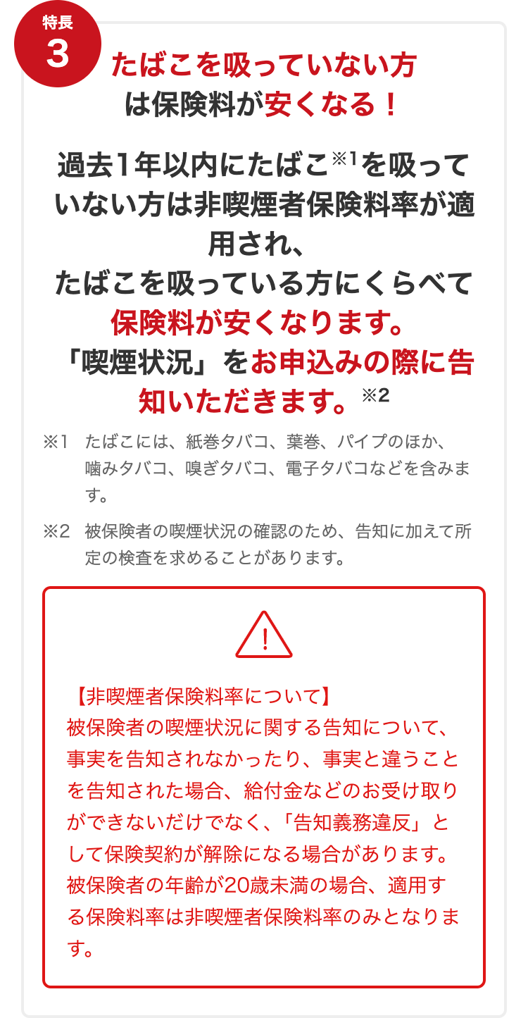 特長３　たばこを吸っていない方は保険料が安くなる！
過去1年以内にたばこを吸っていない方は非喫煙者保険料率が適応され、たばこを吸っている方に比べて保険料がお安くなります。
「喫煙状況」をお申し込みの際に告知いただきます。
